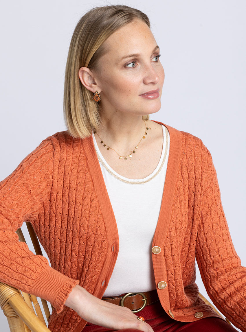 7647 orange tendre 1 Maison Solfin - Gilet femme en laine mérinos orange tendre – 50