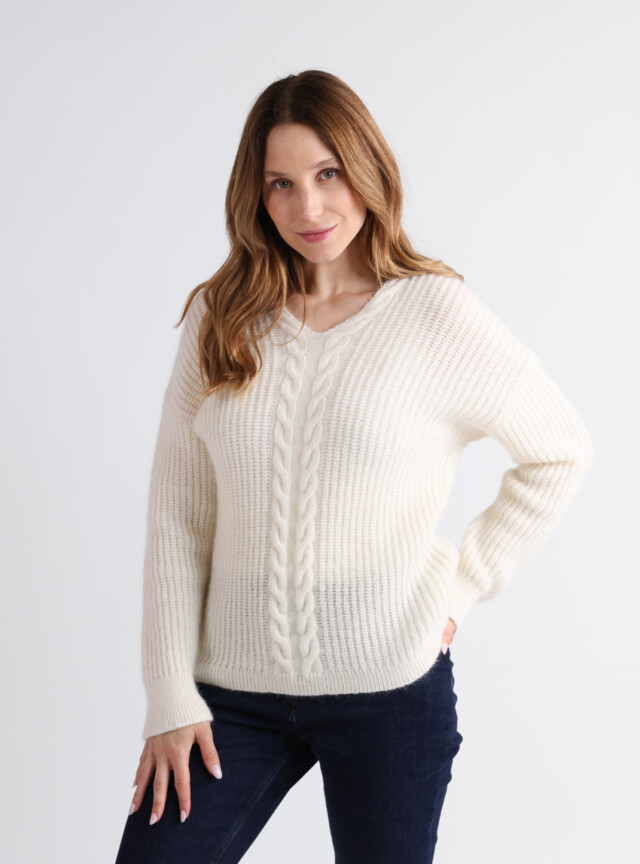 MAISON SOLFIN - Pull femme maille perlée blanc naturel