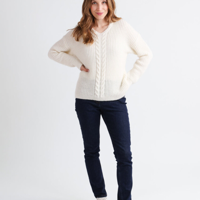 Maison Solfin - Pull femme maille perlée blanc naturel – 4