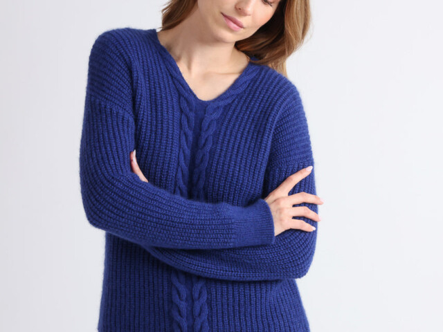 7648 bleu marine pull 1 Maison Solfin - Pull femme maille perlée bleu indigo – 3