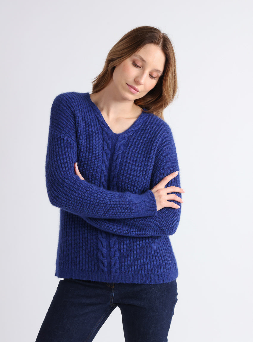 7648 bleu marine pull 1 Maison Solfin - Pull femme maille perlée bleu indigo – 3