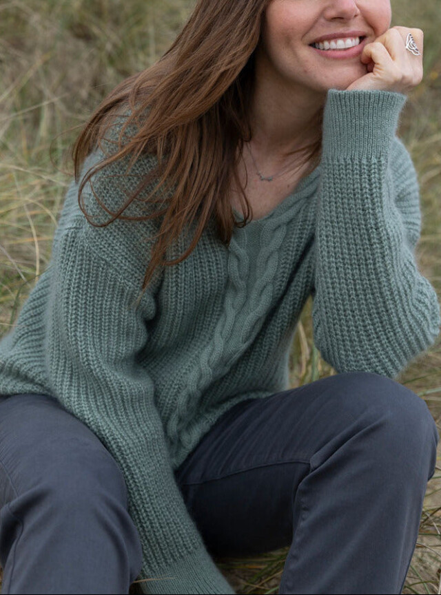 MAISON SOLFIN - Pull femme maille perlée vert sauge