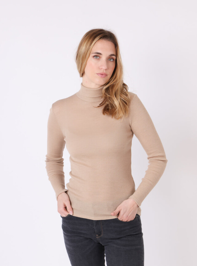 MAISON SOLFIN - Pull chaussette col roulé laine et soie beige