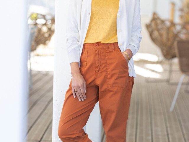 7694 ORT 4 pantalon femme toile coton orange terracotta Maison-solfin - Pantalon femme taille haute orange terracotta – 50