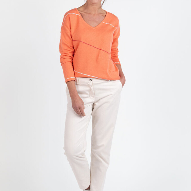 Maison Solfin - Pull femme col V en coton orange melon – 50