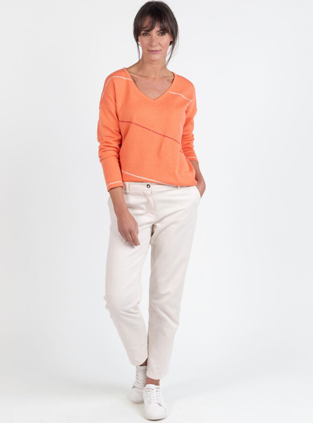 Maison Solfin - Pull femme col V en coton orange melon – 50