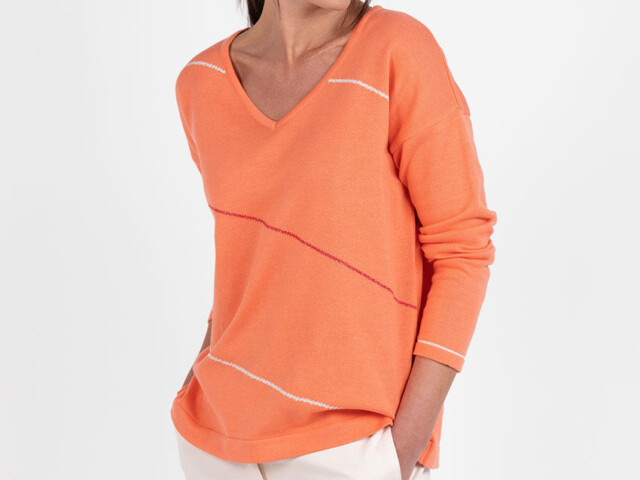 7706 ORM 8 pull v femme coton orange melon Maison Solfin - Pull femme col V en coton orange melon – 50