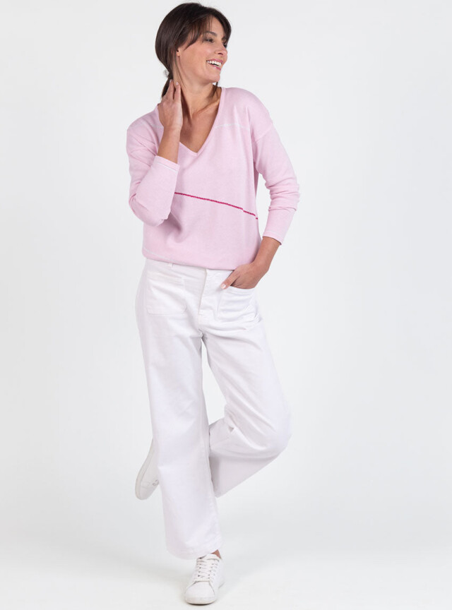 Maison Solfin - Pull femme col V en coton rose – 50