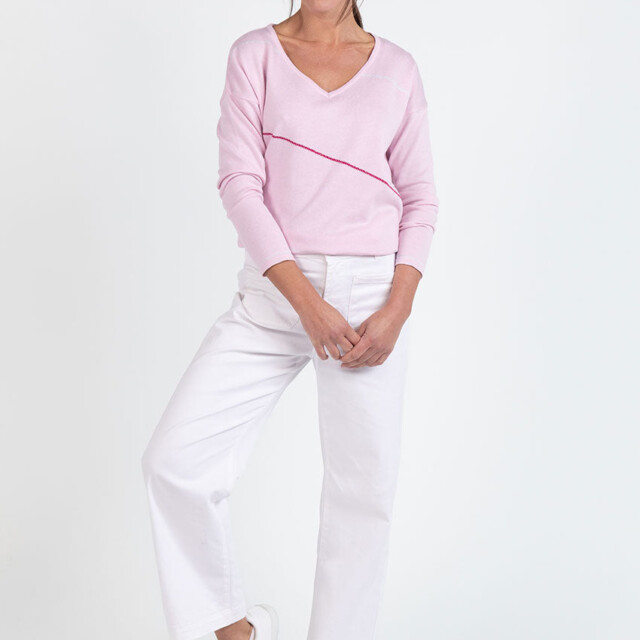 Maison Solfin - Pull femme col V en coton rose – 50
