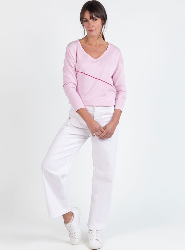 Maison Solfin - Pull femme col V en coton rose – 50