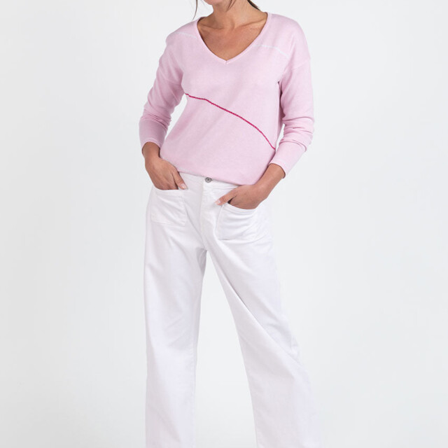 Maison Solfin - Pull femme col V en coton rose – 50