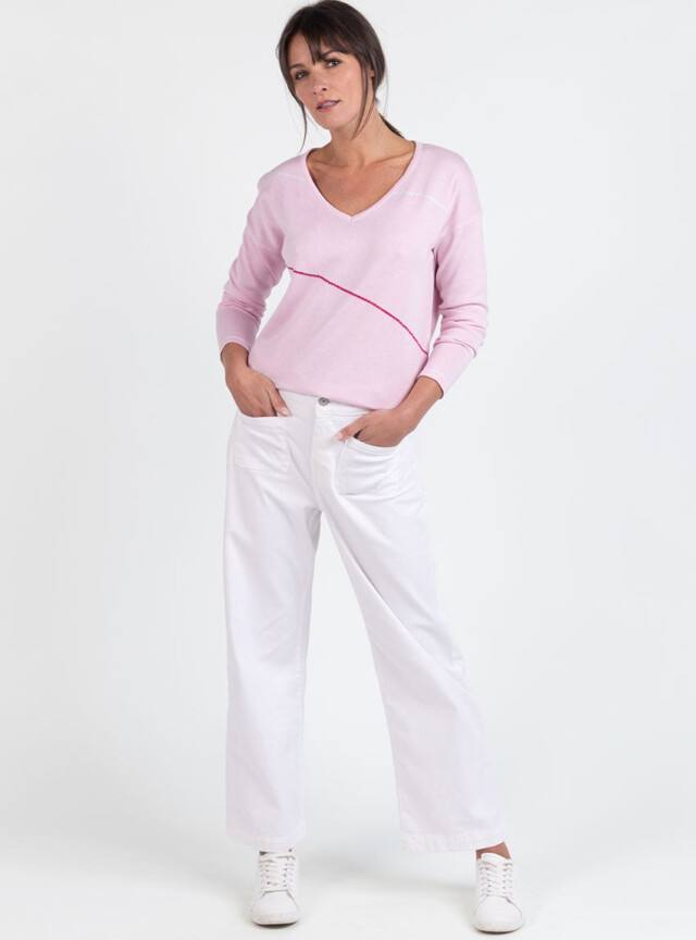 Maison Solfin - Pull femme col V en coton rose – 50