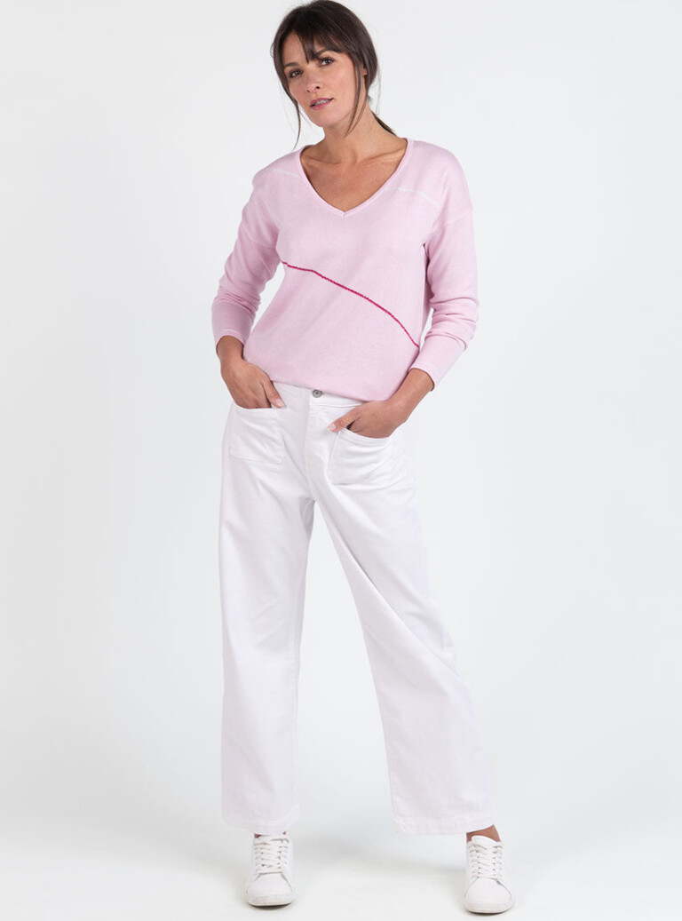 Maison Solfin - Pull femme col V en coton rose – 50