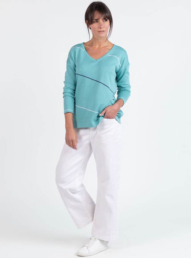 Maison Solfin - Pull femme col V en coton vert – 50