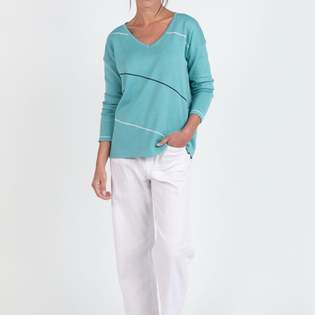 Maison Solfin - Pull femme col V en coton vert – 50