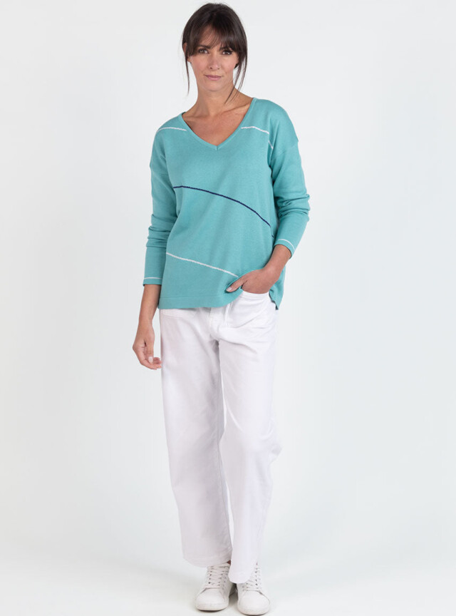 Maison Solfin - Pull femme col V en coton vert – 50