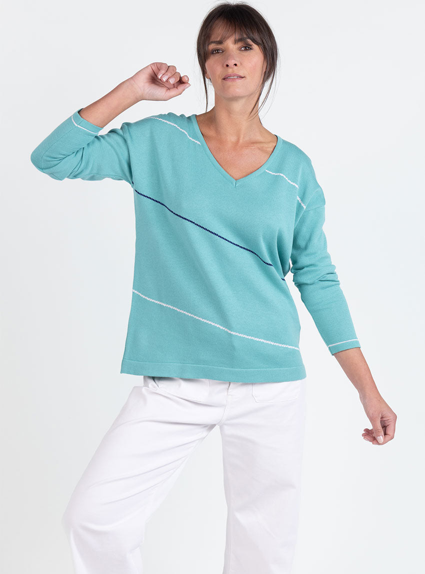 7706 VTR 7 pull v femme coton vert tropical Maison Solfin - Pull femme col V en coton vert – 50