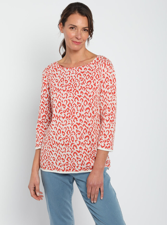MAISON SOLFIN - Pull femme jacquard léopard orange terracotta