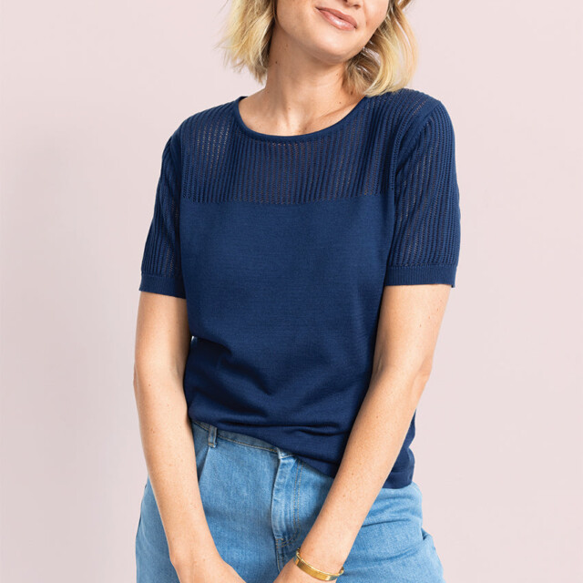 Maison-solfin - Pull femme ajouré coton bleu marine – 50