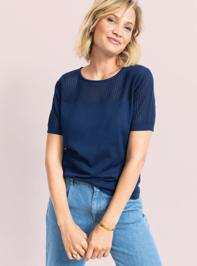 Maison-solfin - Pull femme ajouré coton bleu marine – 50
