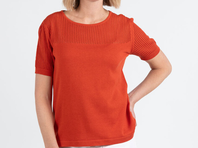 7708 ORT 2 pull manches courtes femme coton orange terracotta Maison Solfin - Pull femme manches courtes coton orange terracotta – 50