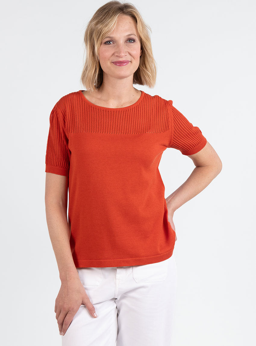 7708 ORT 2 pull manches courtes femme coton orange terracotta Maison Solfin - Pull femme manches courtes coton orange terracotta – 50