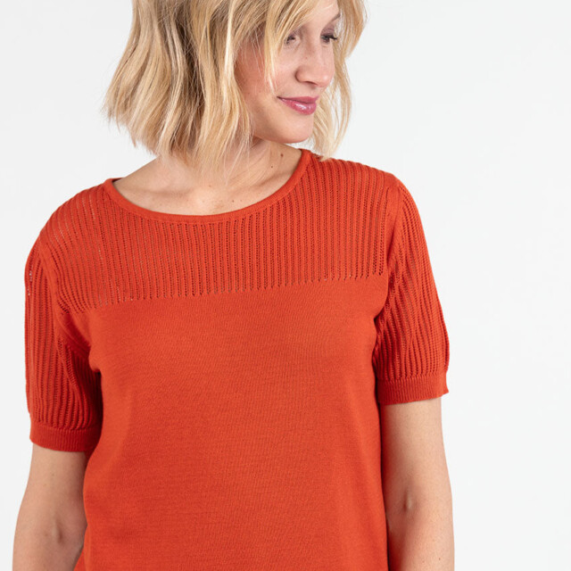 Maison Solfin - Pull femme manches courtes coton orange terracotta – 50