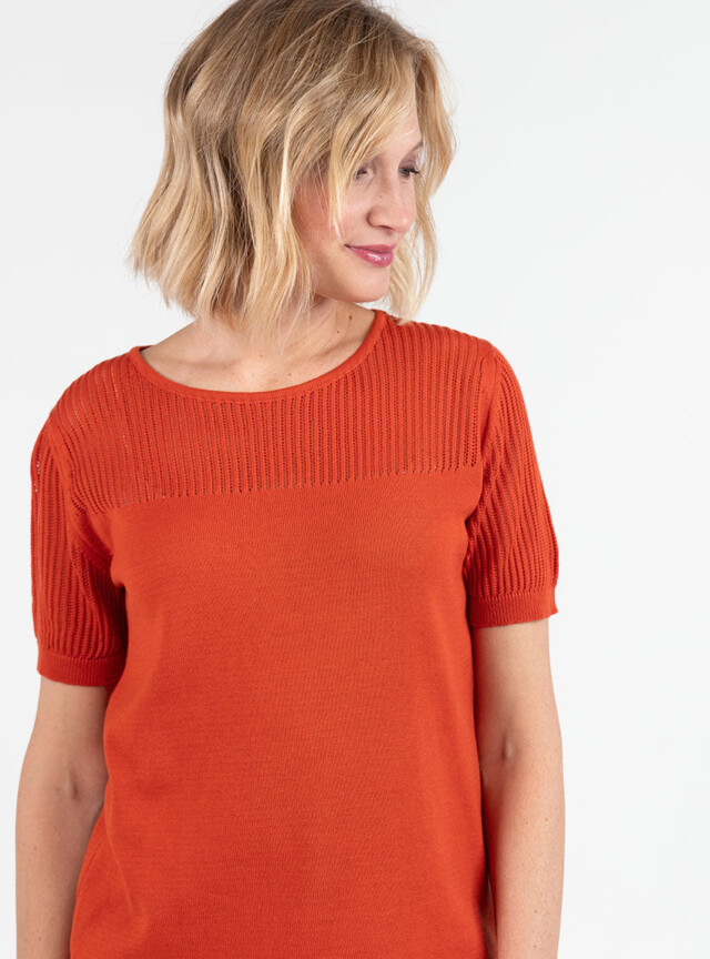 Maison Solfin - Pull femme manches courtes coton orange terracotta – 50