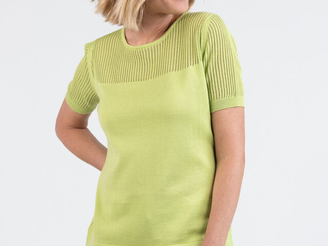 7708 VAS 5 pull manches courtes femme coton vert anis Maison Solfin - Pull femme ajouré coton vert anis – 50