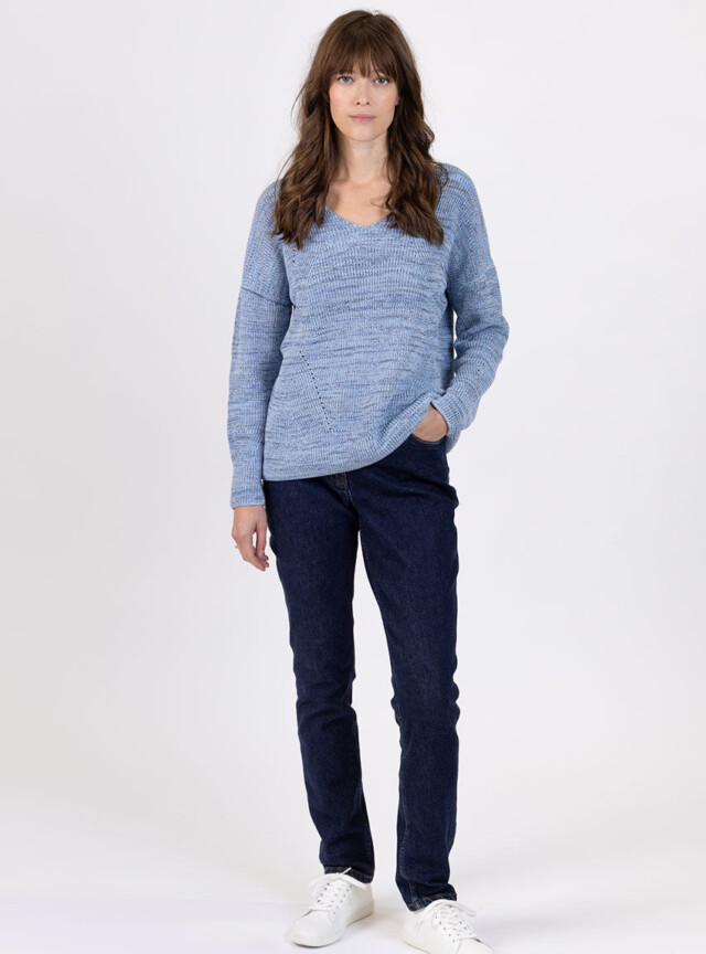 MAISON SOLFIN - Pull femme décoleté dos bleu mer