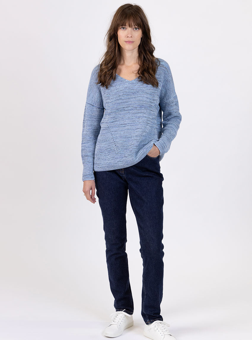7709 bleu mer 1 Maison Solfin - Pull femme décoleté dos bleu mer – 50