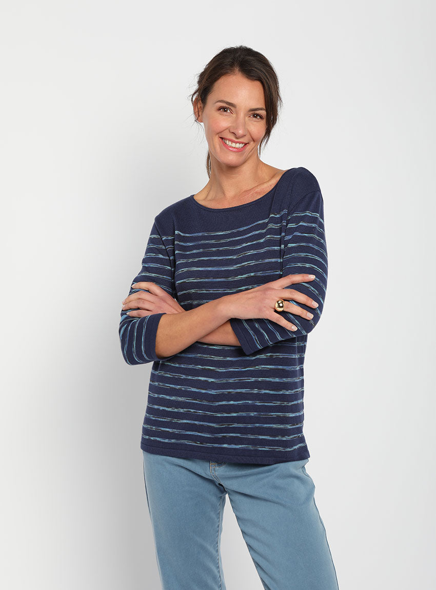 7711 bleu 1 Maison Solfin - Pull marinière femme en coton bleu – 46