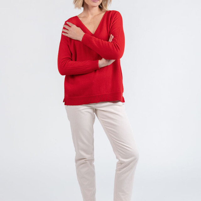 Maison Solfin - Pull femme col V laine et cachemire rouge tomate – 50