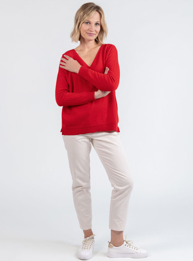 Maison Solfin - Pull femme col V laine et cachemire rouge tomate – 50