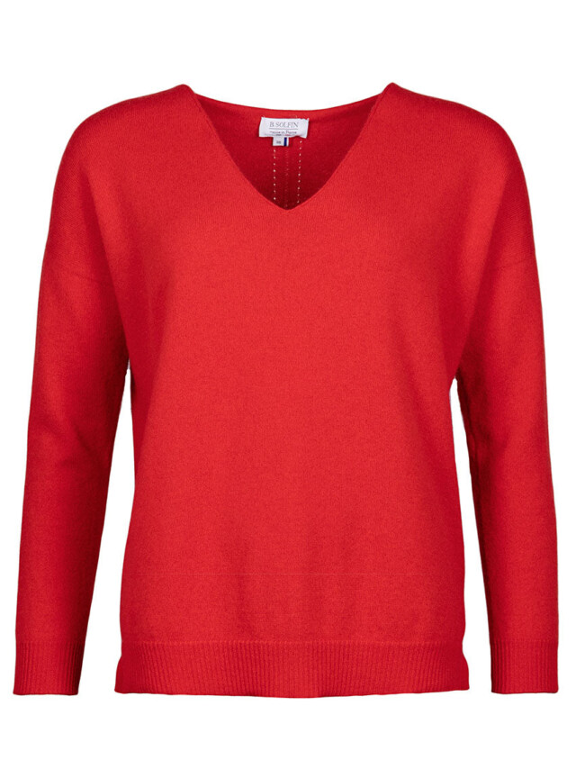 Maison Solfin - Pull femme col V laine et cachemire rouge tomate – 50