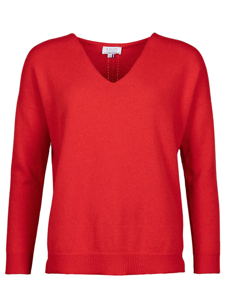 Maison Solfin - Pull femme col V laine et cachemire rouge tomate – 50