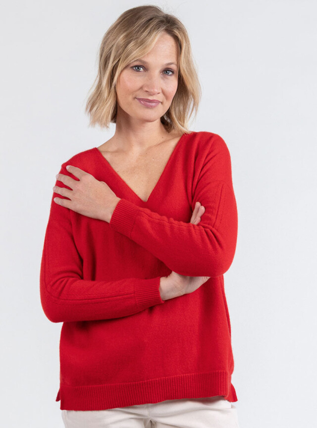 MAISON SOLFIN - Pull femme col V laine et cachemire rouge tomate