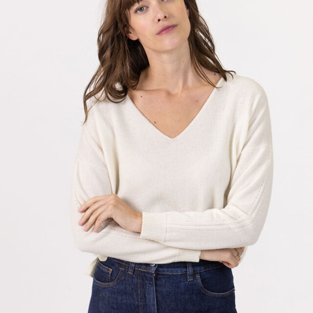 Maison Solfin - Pull femme col V laine et cachemire blanc – 50