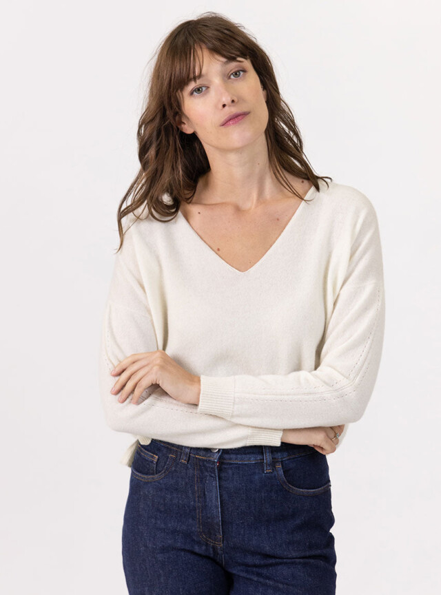 Maison Solfin - Pull femme col V laine et cachemire blanc – 50