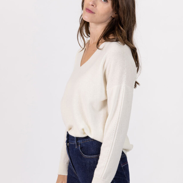 Maison Solfin - Pull femme col V laine et cachemire blanc – 50