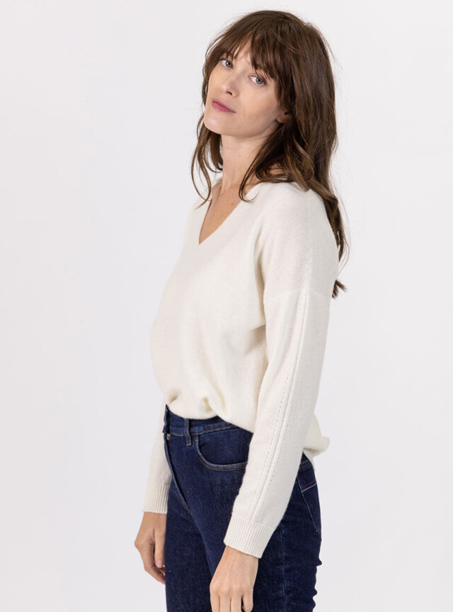 Maison Solfin - Pull femme col V laine et cachemire blanc – 50