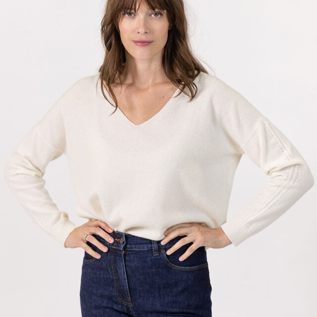 Maison Solfin - Pull femme col V laine et cachemire blanc – 50