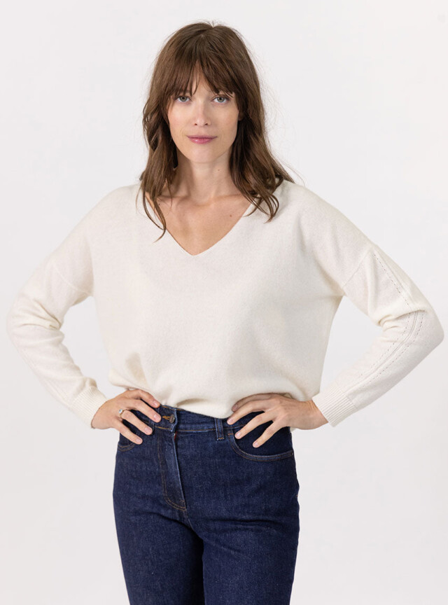 Maison Solfin - Pull femme col V laine et cachemire blanc – 50