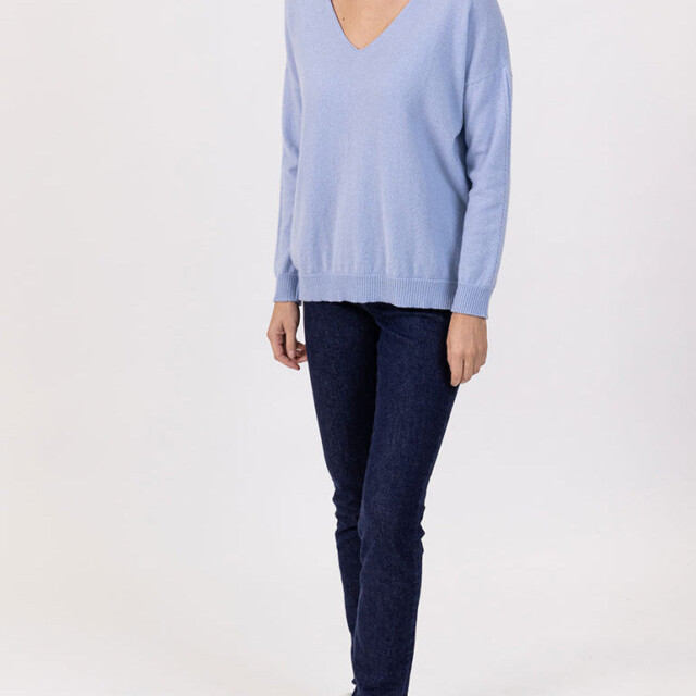 Maison Solfin - Pull femme col V laine et cachemire bleu – 42