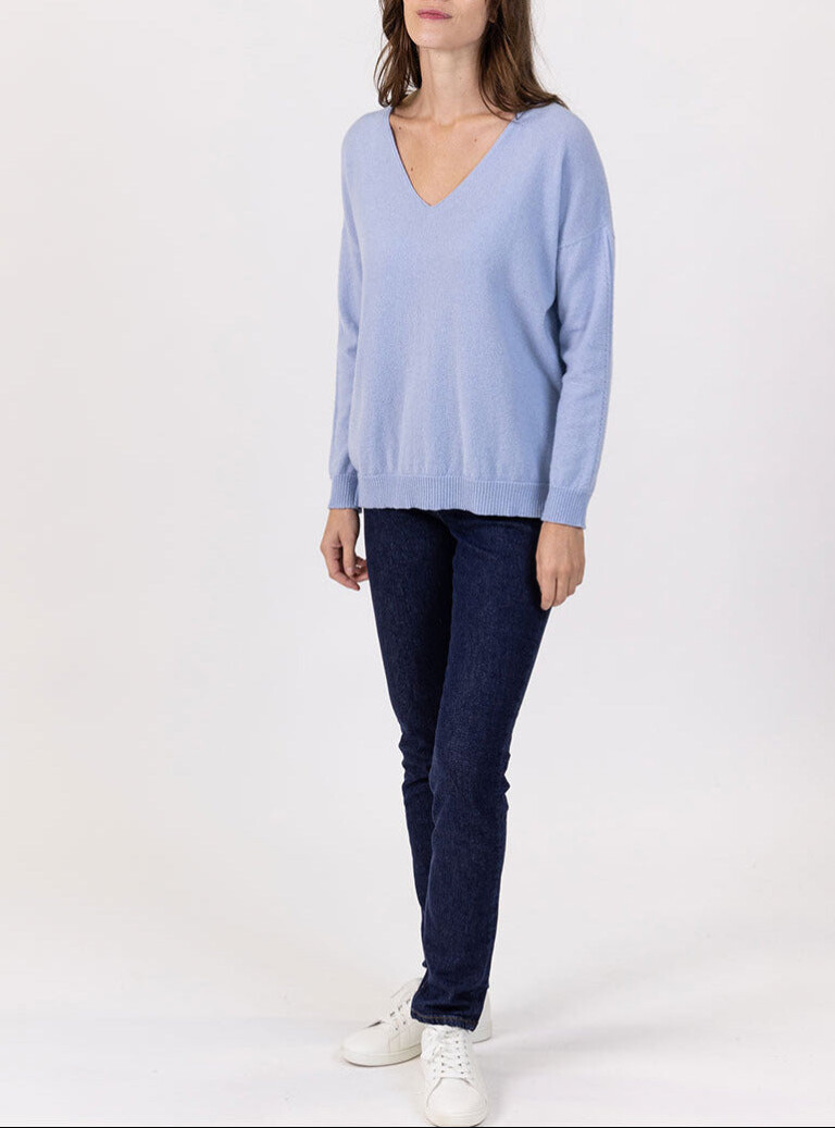 Maison Solfin - Pull femme col V laine et cachemire bleu – 40
