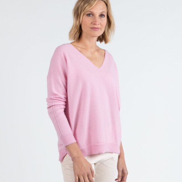 Maison Solfin - Pull femme col V laine et cachemire rose – 50