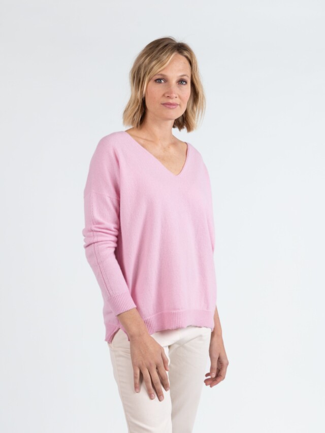 Maison Solfin - Pull femme col V laine et cachemire rose – 50