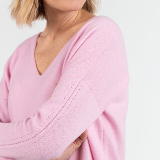 Maison Solfin - Pull femme col V laine et cachemire rose – 50