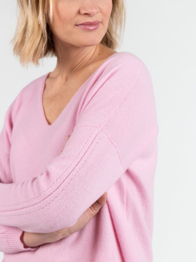 Maison Solfin - Pull femme col V laine et cachemire rose – 50
