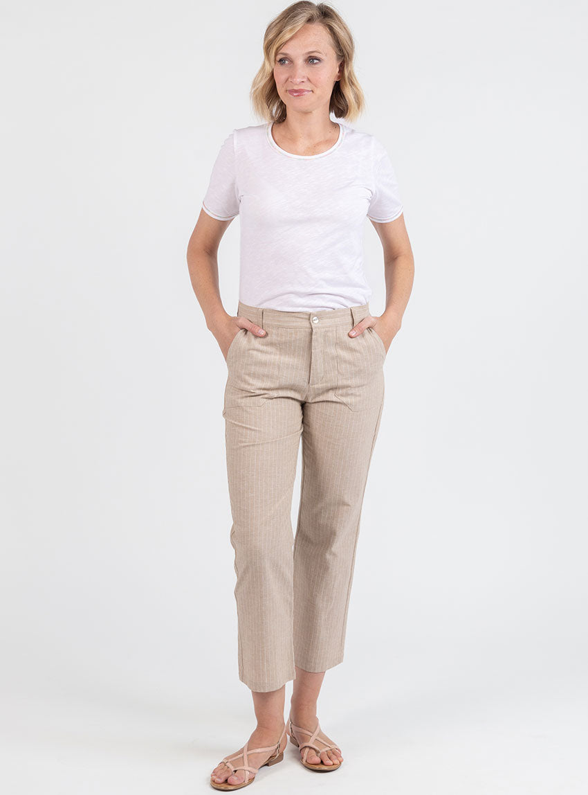7716 RBE 6 pantalon raye coton lin raye beige Maison-solfin - Pantalon rayé beige 7/8ème femme – 50